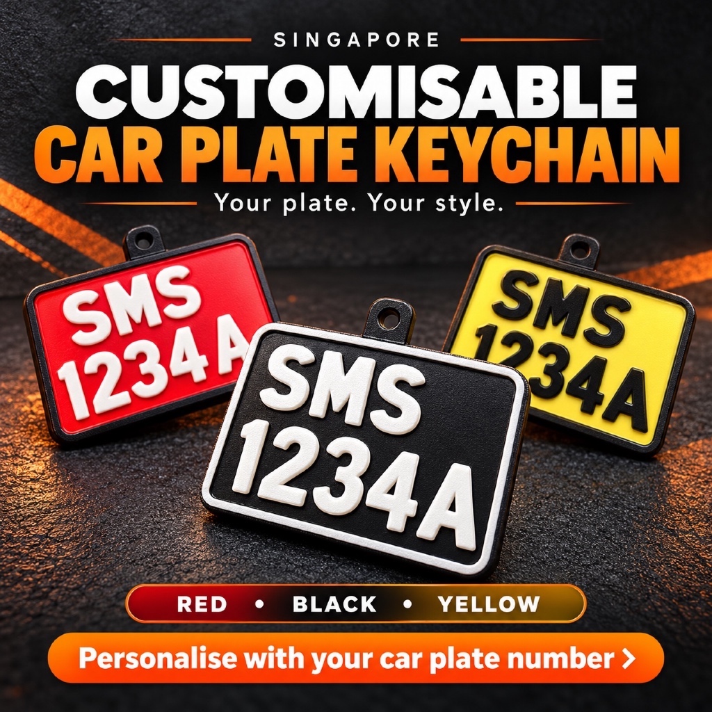 Customisable car plate keychains in red, black and yellow; plate numbers shown are samples