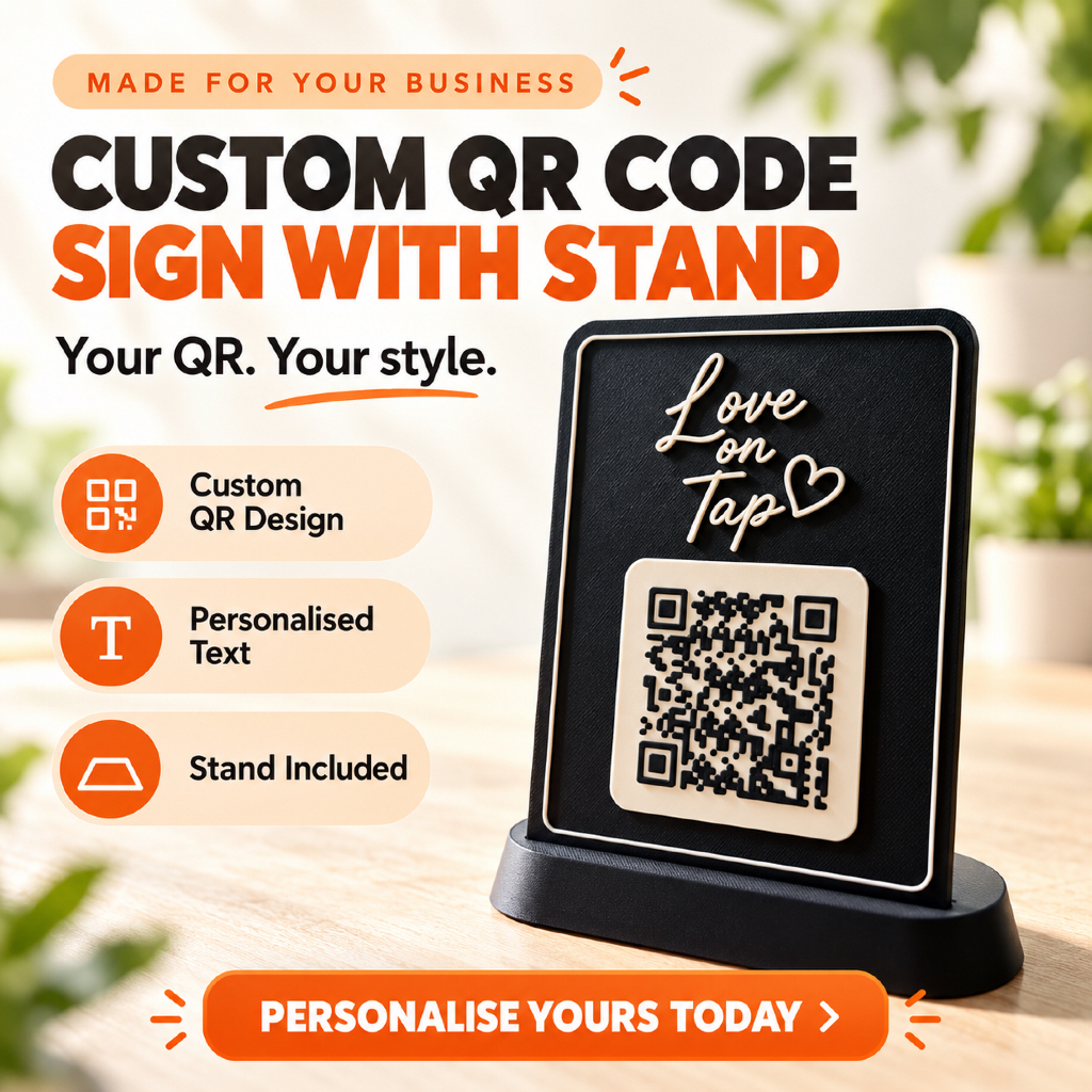 Creation Space custom QR code tabletop sign with matching stand